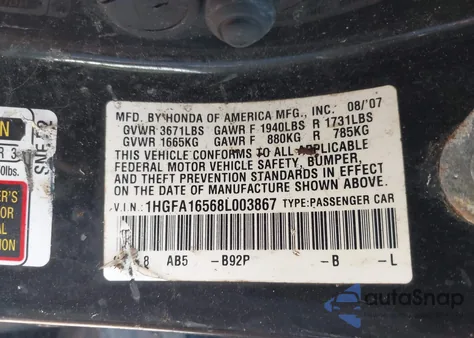 2008 Honda Civic Lx z USA, uszkodzony, nr VIN 1HGFA16568L003867